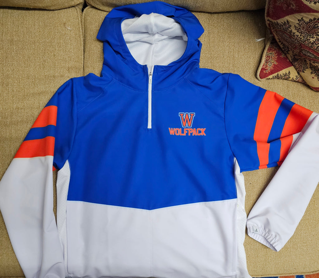 L/S Sublimated 1/4 Zip Pullover with hood. W Wolfpack logo