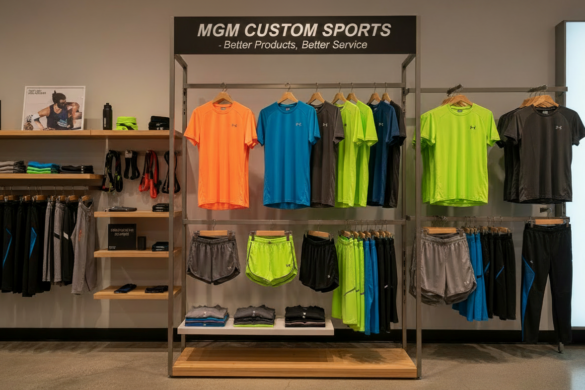 Display of colorful athletic shirts and shorts with 'MGM Custom Sports' sign in the background.
